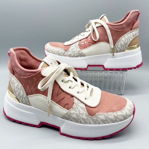 Michael Kors Shoes - Michael Kors Muse Mixed-Media Trainers Pink Logo Canvas Sneakers Size 9